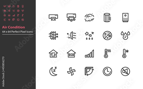 set of air condition line icons, temperature, air purify, dust