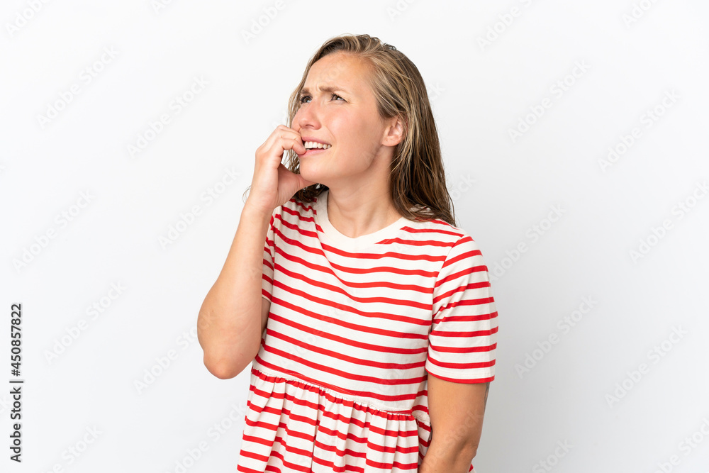 Young caucasian woman isolated on white background is a little bit nervous Young caucasian woman isolated on white background is a little bit nervous