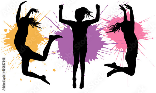 Silhouette of jumping girls children on background of splash blot. Vector illustration