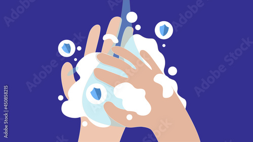 Washing Hands Illustration in Flat Design with Shield Bubble as Ornament