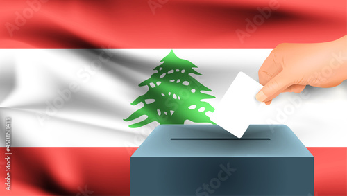 Lebanon flag, male hand voting with Lebanon flag concept idea background