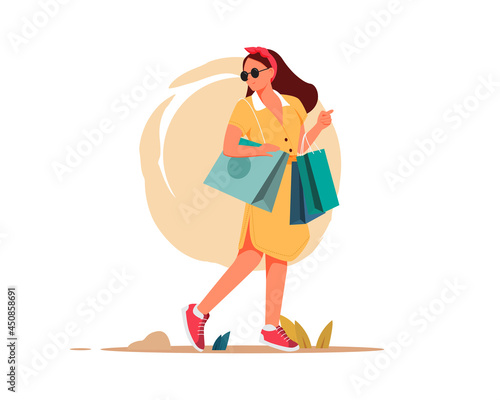 Flat illustration vector graphic of young attractive fashionable woman holding packages with clothes after shopping. Concept girl character with perfect style.