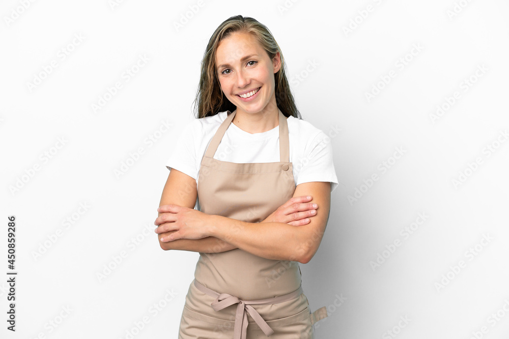 Restaurant waiter caucasian woman isolated on white background keeping the arms crossed in frontal position Restaurant waiter caucasian woman isolated on white background keeping the arms crossed in frontal position