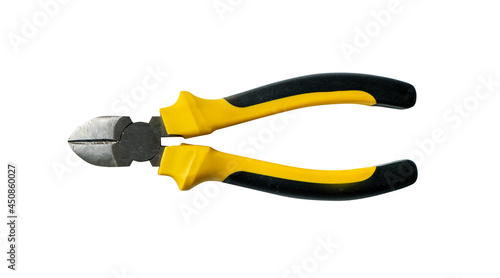 Wire cutters with yellow handle isolated on white