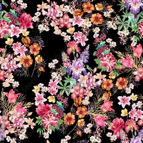 flowers on black background,Textile fabric print seamless flower patterns