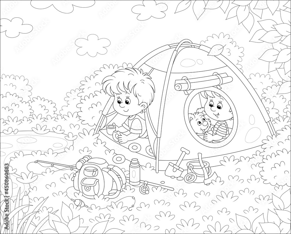Fototapeta premium Cheerful little kids tourists with a merry pup resting in their camp tent a pretty small lake in countryside on summer vacation, black and white vector cartoon illustration for a coloring book page