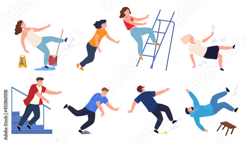 Collection falling people vector cartoon illustration. Danger caution wet floor, falling down stairs