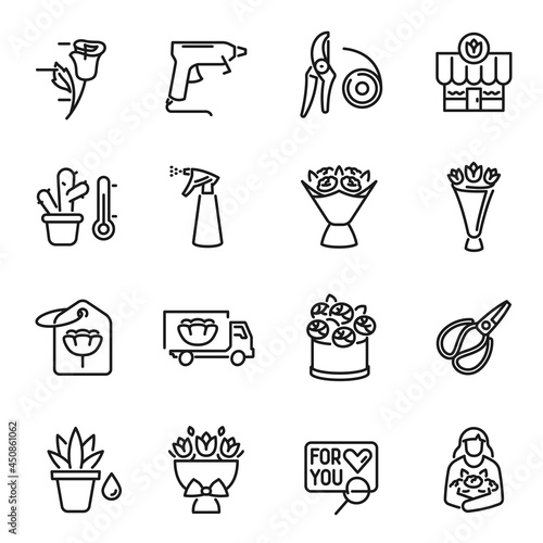 Collection simple monochrome flower shop icon vector illustration florist, greeting bouquet,