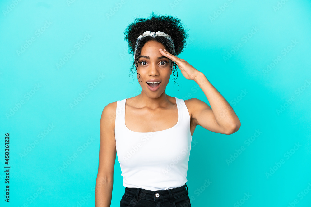 Young latin woman isolated on blue background has realized something and intending the solution Young latin woman isolated on blue background has realized something and intending the solution