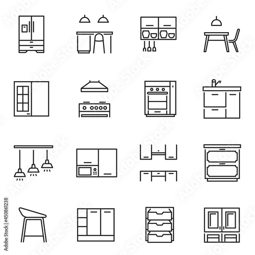 Collection of linear kitchen furniture icon vector illustration comfortable home cuisine furnishing