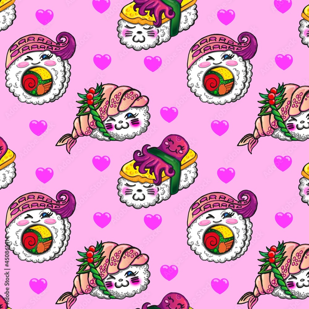 Seamless pattern with pink hearts and cute sushi. Kawaii friendly rolls. Roll with octopus. Nigiri with shrimp. Bright pattern