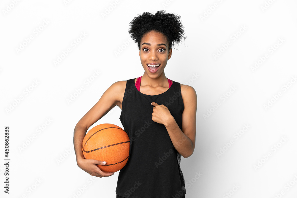 Young basketball player latin woman isolated on white background with surprise facial expression