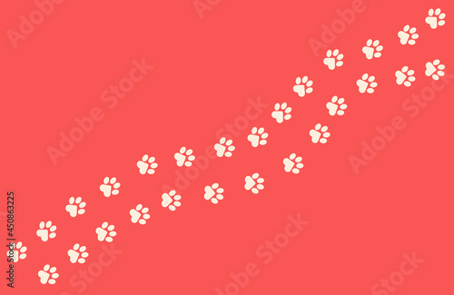 Paws of a cat, dog, puppy in pastel pink shades. Diagonal animal footprints for T-shirts, backgrounds, websites, postcards, throw pillows, children's prints. Vector.