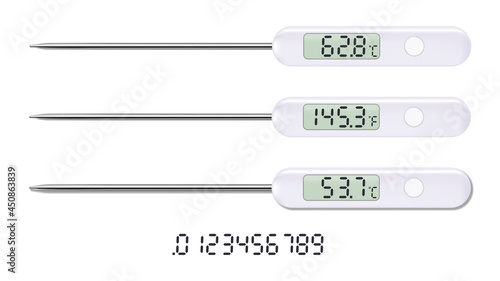 Electronic kitchen thermometer with probe. With and without shadow on white background. Vector illustration.