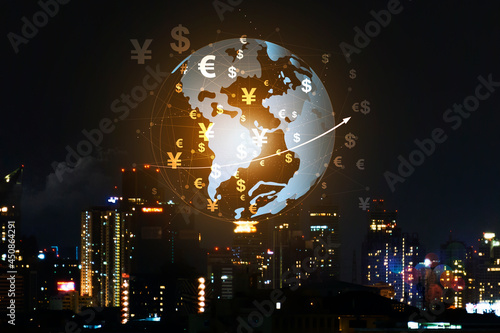 Financial technology concepts electronic money. Cryptocurrency money electronic payments and internet network connect in city background