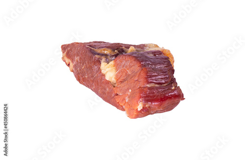 The bright red beef is cut into cubes and prepared for cooking. Clipping path.