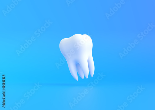 White tooth flying on a blue background. Concept of dental examination teeth, dental health and hygiene. 3d render illustration