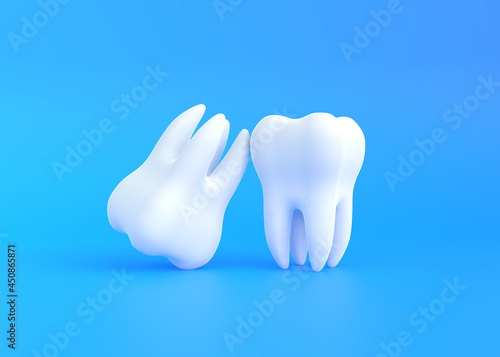 Two white tooth on a blue background. Concept of dental examination teeth, dental health and hygiene. 3d render illustration photo