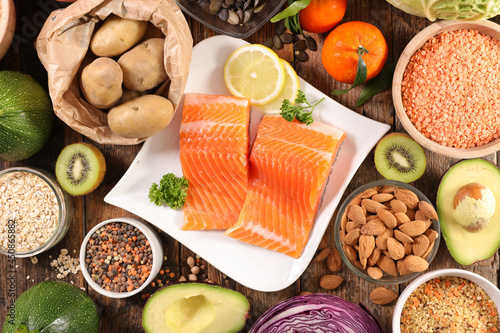 health food selection- fish, fruit and vegetable