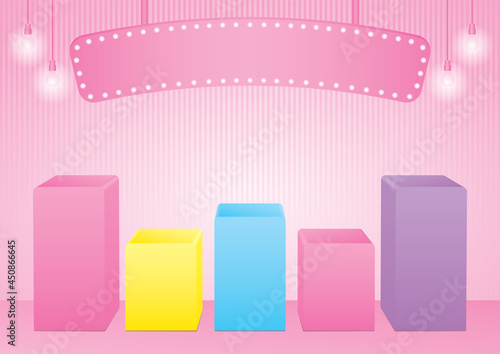cute girly colorful pastel product stand display with hanging lightbulb sign on pink floor and wall 3d illustration vector