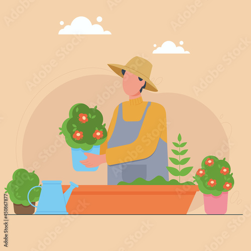 Gardener tending flowers. Floriculture. Man caring flower bed using gardening tools: watering can, pot and flowers growing planters.