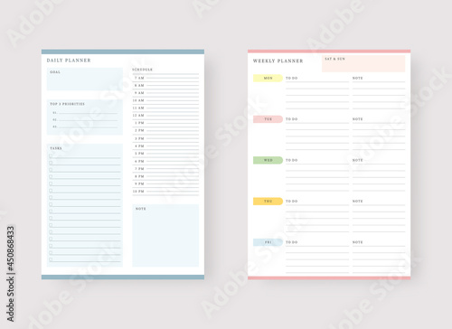 Modern planner template set. Set of planner and to do list. Daily and weekly planner template. Vector illustration.
