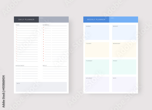 Modern planner template set. Set of planner and to do list. Daily and weekly planner template. Vector illustration.