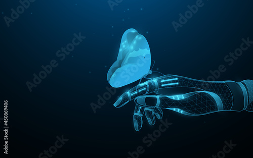 A butterfly sitting on a robotic hand. The symbol of the link between natural and artificial intelligence technologies
