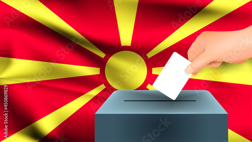 Macedonia flag, male hand voting with Macedonia flag concept idea background