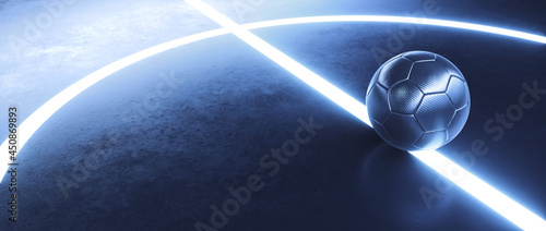 Blue futsal ball in the center of a futuristic indoor soccer field with glowing white lines background photo