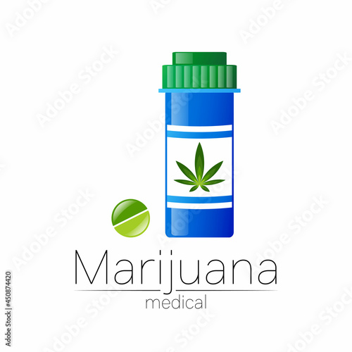Medical cannabis symbol in vector. Logotype for marijuana, nature herbal medicine, therapy, doctors and store, business. Isolated on white background. Blue and green color. Pill and tablet health care