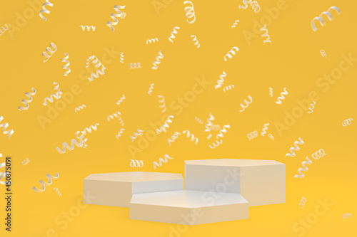 Abstract scene background with white podium on yellow background, confetti and confetti for cosmetic product presentation