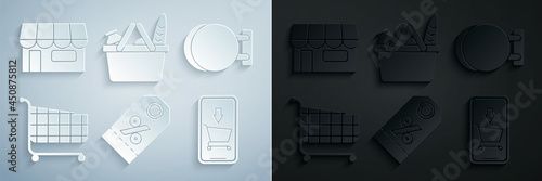 Set Discount percent tag, Signboard hanging, Shopping cart, Mobile phone and shopping, basket food and building or market store icon. Vector