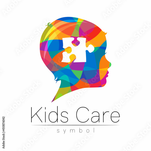 Children Color Vector Logo Symbol Grow Up. Silhouette profile human head. Concept logo for people, child, autism, kids, therapy, clinic education.