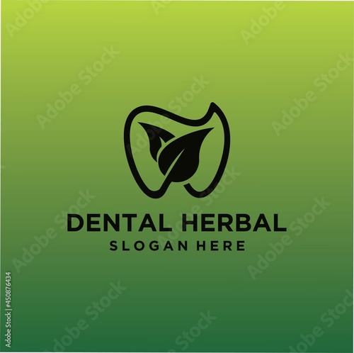 Dental logo leaf icon, dental care design with herbal concept, logo for dentist, isolated vector of green leaf and dental symbol, suitable for dentistry clinic or herbal toothpaste