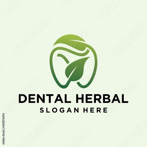 Dental logo leaf icon, dental care design with herbal concept, logo for dentist, isolated vector of green leaf and dental symbol, suitable for dentistry clinic or herbal toothpaste