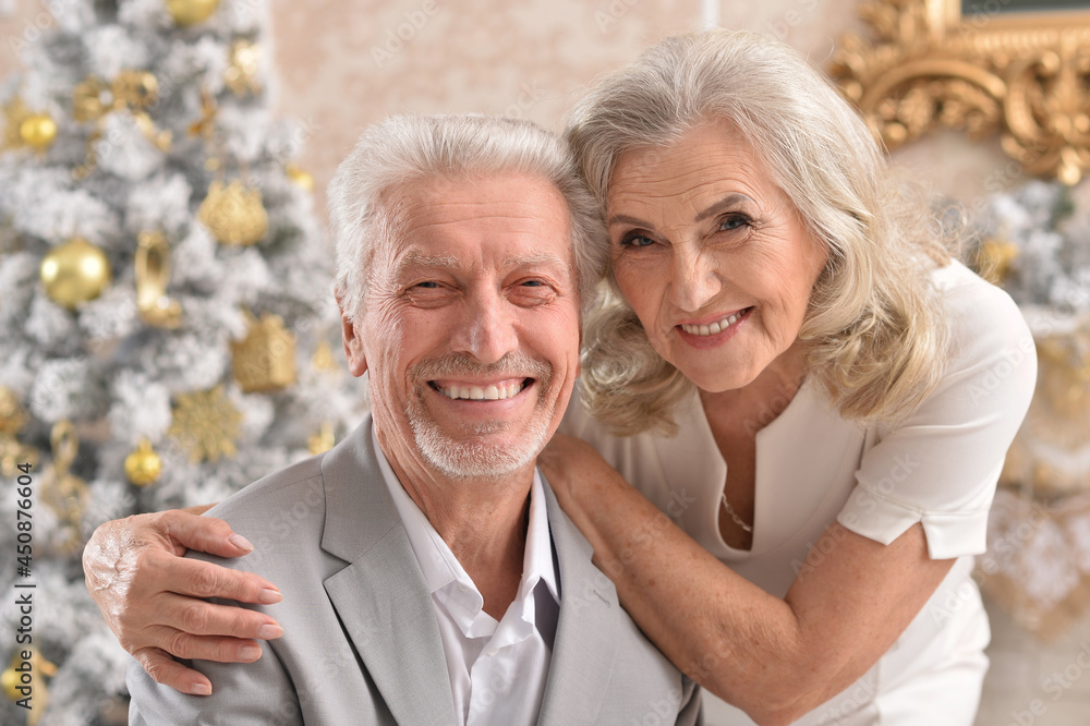 hugging senior couple with blurred Christmas decorations hugging senior couple with blurred Christmas decorations