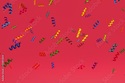 Abstract scene red background 3d rendering with white podium, confetti and multicolor ribbons for festival