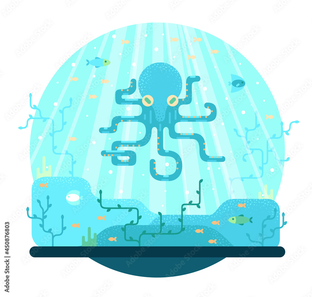 Fototapeta premium Big blue octopus, flat vector illustration, aquatic fauna. 