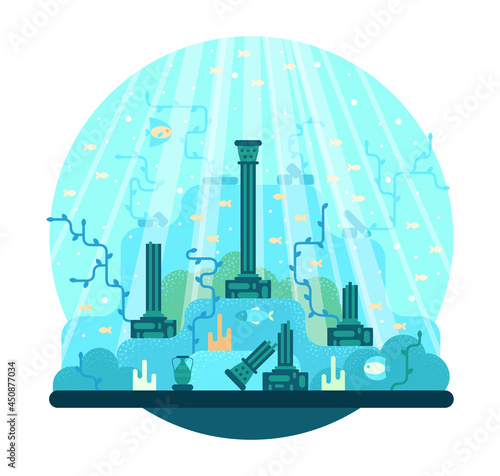 Columns of the old ruined city under sea water. Vector cartoon illustration in flat stile