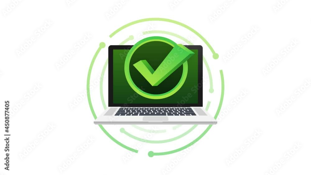 Laptop with checkmark or tick notification in bubble. Approved choice. Accept or approve checkmark. Motion graphics. Laptop with checkmark or tick notification in bubble. Approved choice. Accept or approve checkmark. Motion graphics.