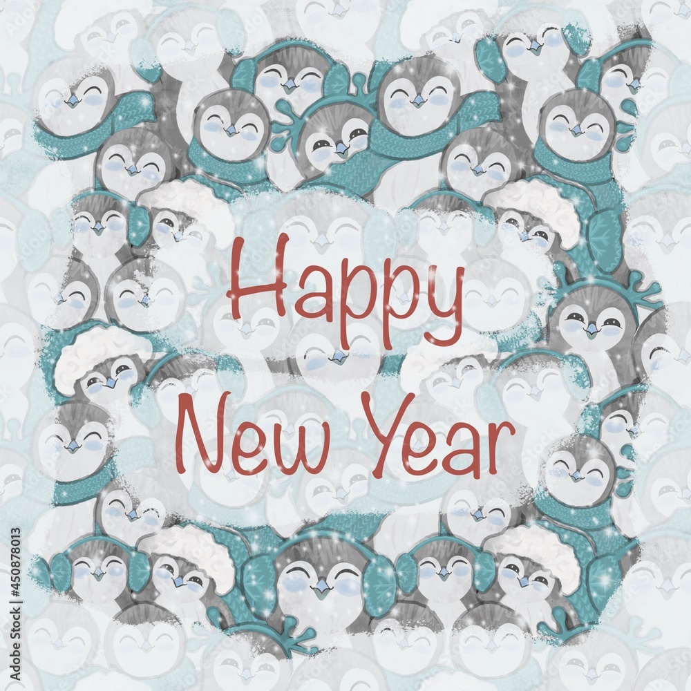 Cute square winter happy new year greeting card with many smiling penguins Cute square winter happy new year greeting card with many smiling penguins