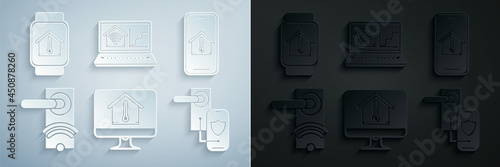 Set Computer monitor with house temperature, Mobile phone, Digital door lock wireless technology for unlock, Laptop smart home wi-fi and Smart watch icon. Vector