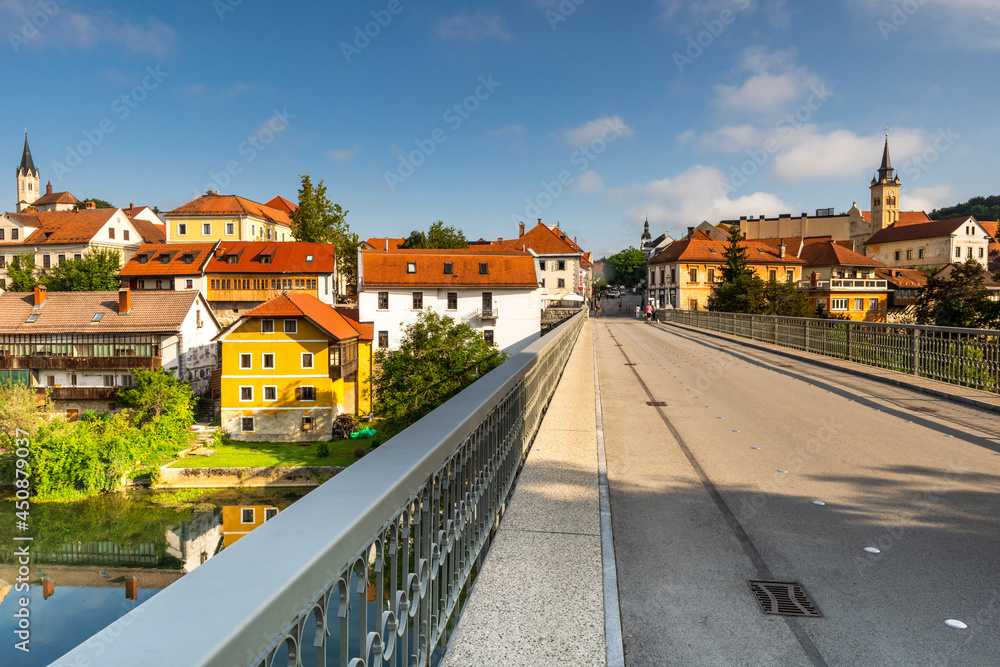 Novo Mesto ( Rudolfswerth, Newestat), Slovenia, Lower Carniola Region, near Croatia at Bend of River Krka. Old Iron Bridge View