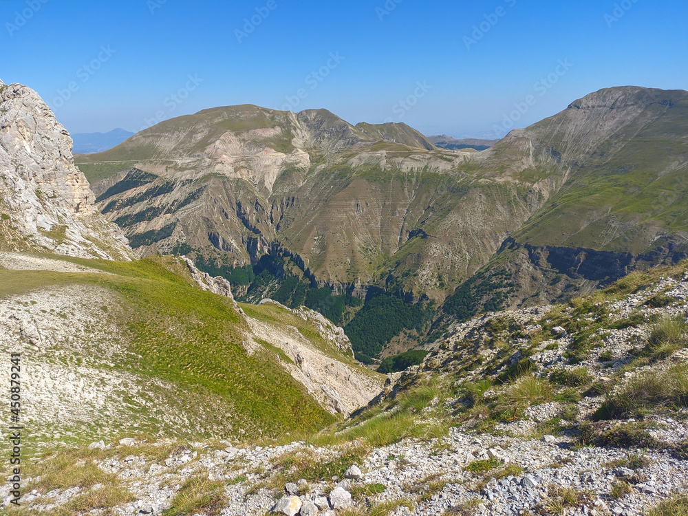 Panoramic view of beautiful valley from Monte Bove in the national park of Monti Sibillini, Marche