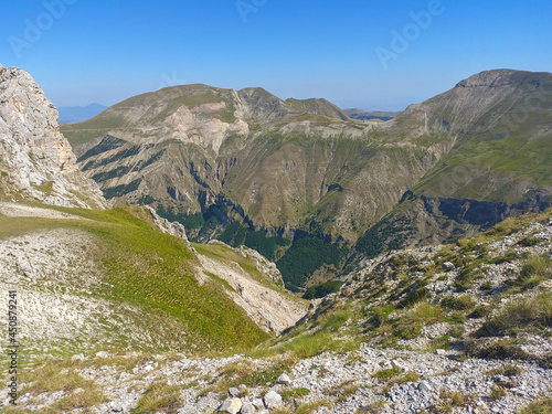 Panoramic view of beautiful valley from Monte Bove in the national park of Monti Sibillini, Marche