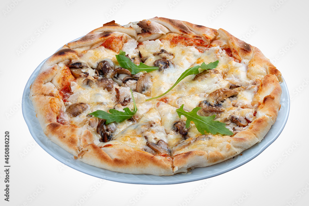 Pizza with mushrooms and mozzarella. On a white background