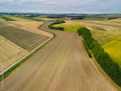 Cultivated Farm Fields in Summer Season Aerial Drone View