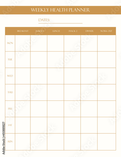 Elegant weekly nutrition planner, health planner. Menu, food, To Do, schedule, self-care, to-do list.