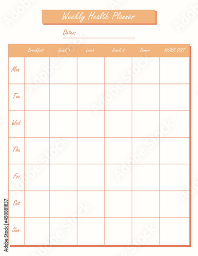Peach-toned weekly meal planner, health glider. Menu, food, To Do, schedule, self-care, to-do list.
